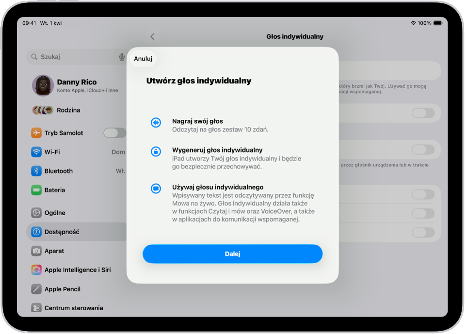 iPad wyświetlający informację, jak utworzyć głos indywidualny.