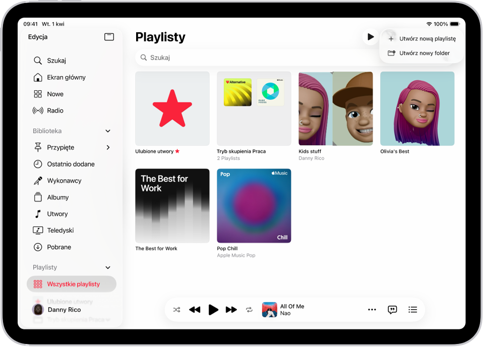 Karta Playlisty. Po lewej stronie widoczny jest pasek boczny. Po prawej stronie widoczna jest lista playlist. U góry widoczne są przyciski pozwalające utworzyć nową playlistę oraz utworzyć nowy folder.
