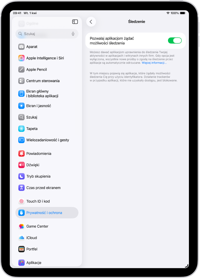 Ekran Śledzenie z ustawieniem pozwalającym kontrolować, czy aplikacje mogą prosić o możliwość śledzenia Cię w witrynach internetowych lub w aplikacjach należących do innych firm.