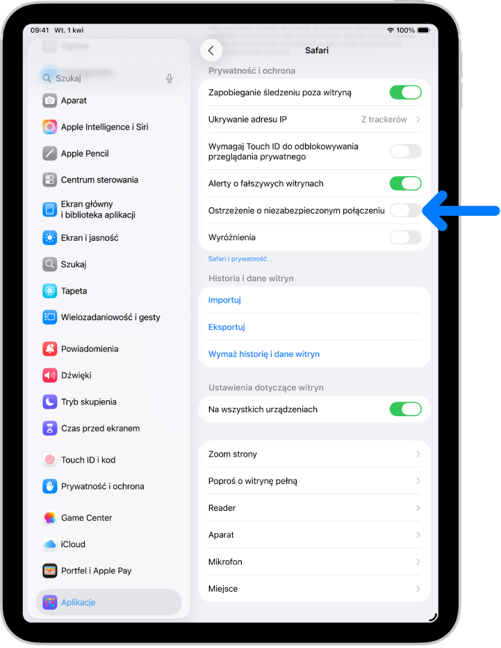 Opcja Ostrzeżenie o niezabezpieczonym połączeniu, znajdująca się w sekcji Prywatność i ochrona na ekranie Safari w Ustawieniach.
