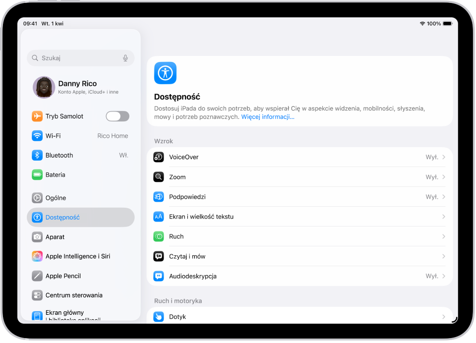 Ekran Ustawień zawierający opcje związane z dostępnością, takie jak VoiceOver, Audiodeskrypcja oraz Sterowanie przełącznikami.