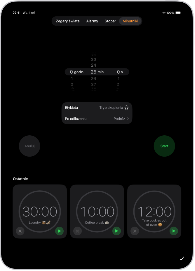Karta Minutniki z ustawieniami minutnika. Poniżej ustawień minutnika widoczny jest ostatnio utworzony minutnik. Na dole znajdują się przyciski Zegary świata, Alarmy, Stoper oraz Minutniki.