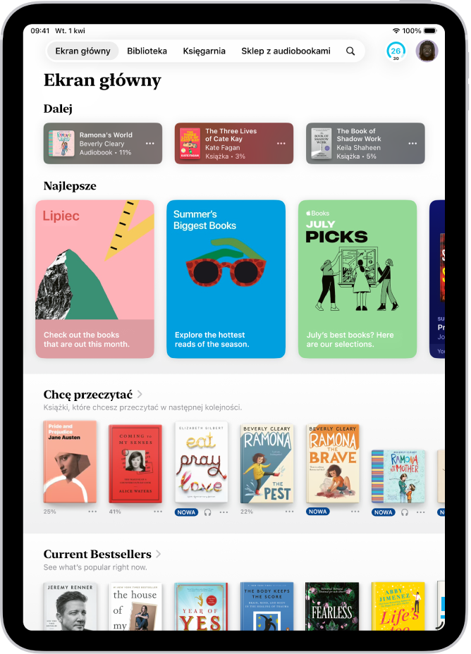 Ekran główny w aplikacji Książki, zawierający sekcje Bieżące, Ostatnie oraz Chcę przeczytać.