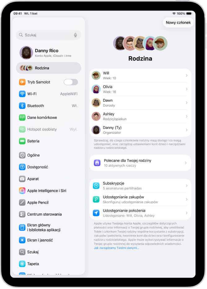 Ekran Rodzina w Ustawieniach. Widoczna jest lista obejmująca maksymalnie pięcioro członków rodziny oraz udostępniane funkcje.