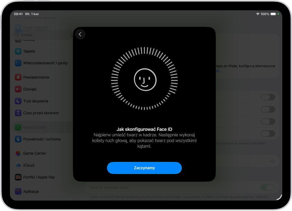 Ekran konfiguracji funkcji Face ID. Na ekranie widoczna jest uśmiechnięta twarz otoczona okręgiem. Tekst znajdujący się poniżej prosi użytkownika, aby wykonał powoli kolisty ruch głową. Na dole ekranu widoczny jest przycisk Zaczynamy.