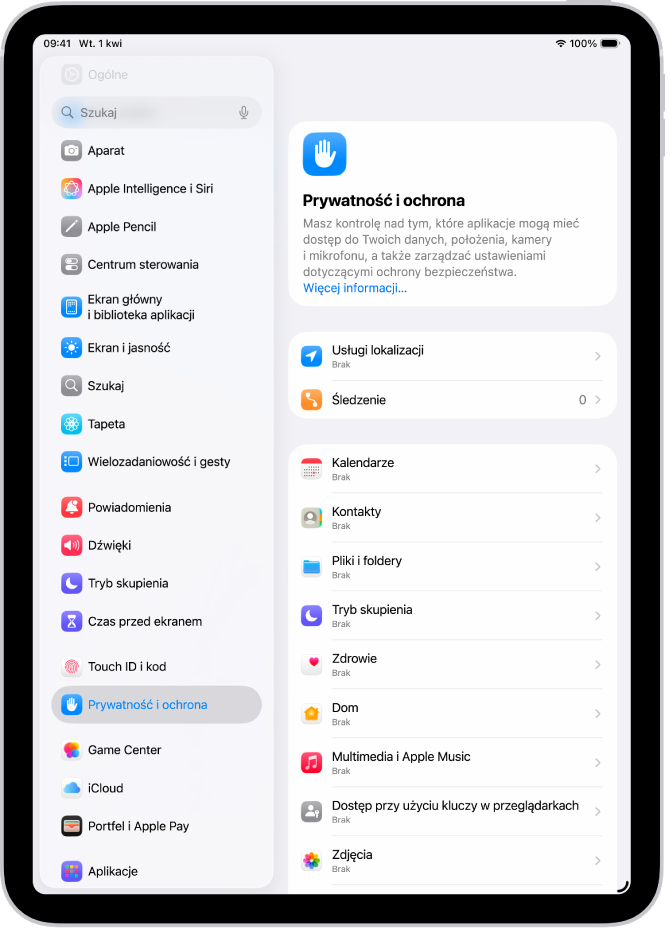 Ekran Prywatność i ochrona z ustawieniami usług lokalizacji i śledzenia oraz ustawieniami do kontroli, które aplikacje mają mieć dostęp do Twoich danych.