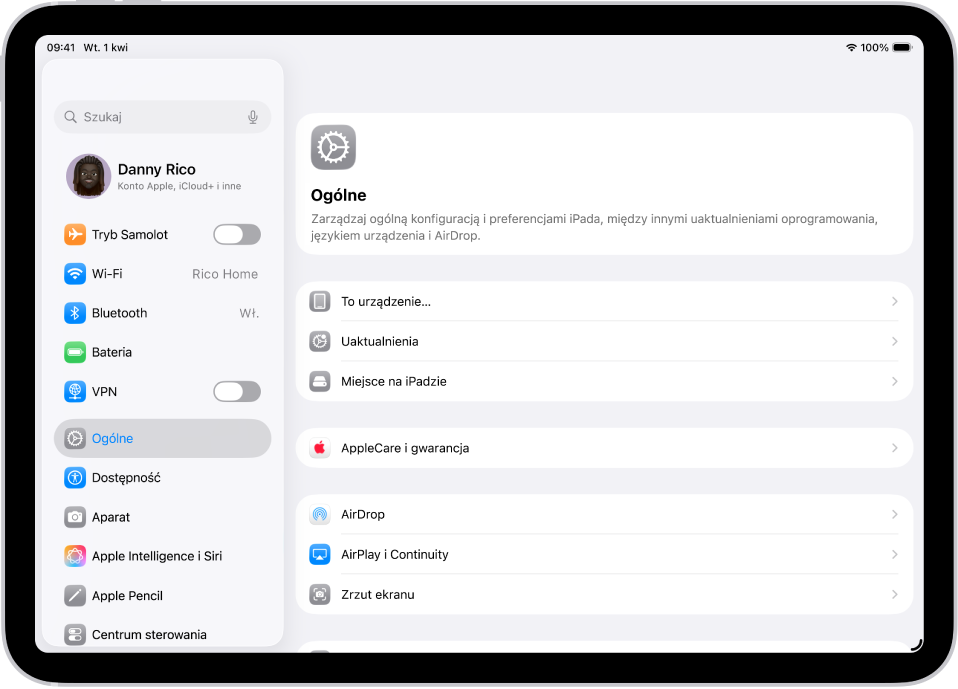 Ekran główny z różnymi ikonami, w tym ikoną aplikacji Ustawienia, która pozwala zmieniać ustawienia głośności iPada, jasności jego ekranu i inne.