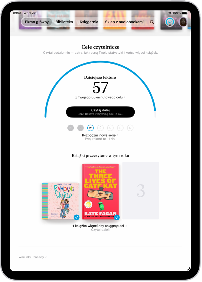 Ekran Cele Czytanie. Widoczne są statystyki użytkownika, takie jak dzisiejszy czas czytania, rekord w tym tygodniu oraz liczba książek przeczytanych w tym roku.