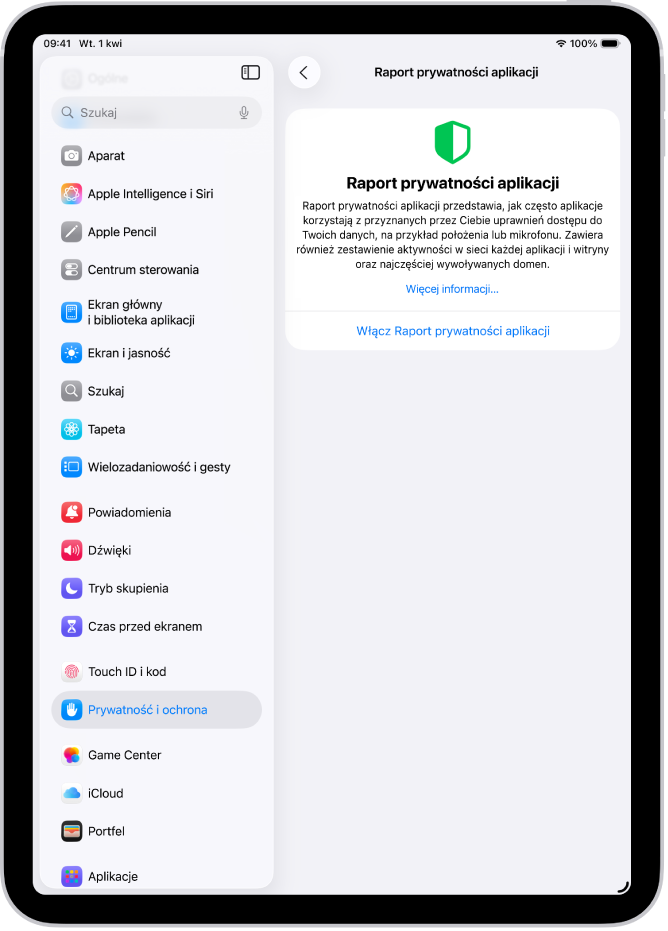 Ekran raportu prywatności aplikacji. Możesz na nim włączyć raport, który wyświetla, jak często aplikacje używają przydzielonych im uprawnień, a także przedstawia ich aktywność sieciową.