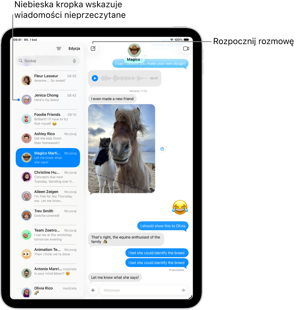 Lista rozmów w aplikacji Wiadomości po lewej oraz transkrypcja rozmowy po prawej. Nieprzeczytane wiadomości są oznaczone niebieską kropką.