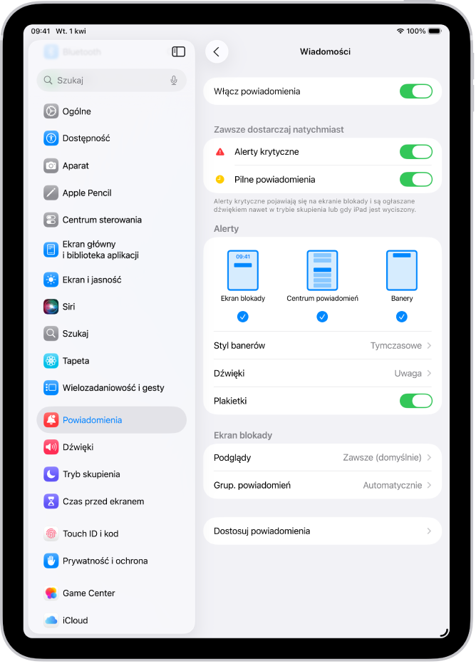 Ustawienia powiadomień aplikacji Wiadomości w Ustawieniach.