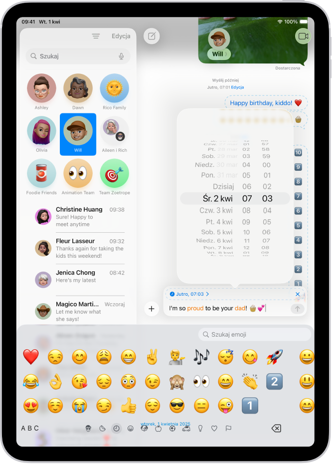 Rozmowa w Wiadomościach zawierająca wiadomość zaplanowaną do wysłania później.