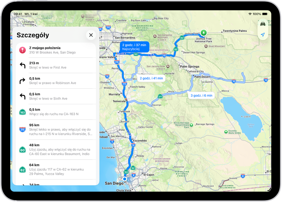 Mapa wyświetlająca trzy trasy oraz szczegółową listę kroków w celu dotarcia do miejsca docelowego z najmniejszą liczbą skrętów.