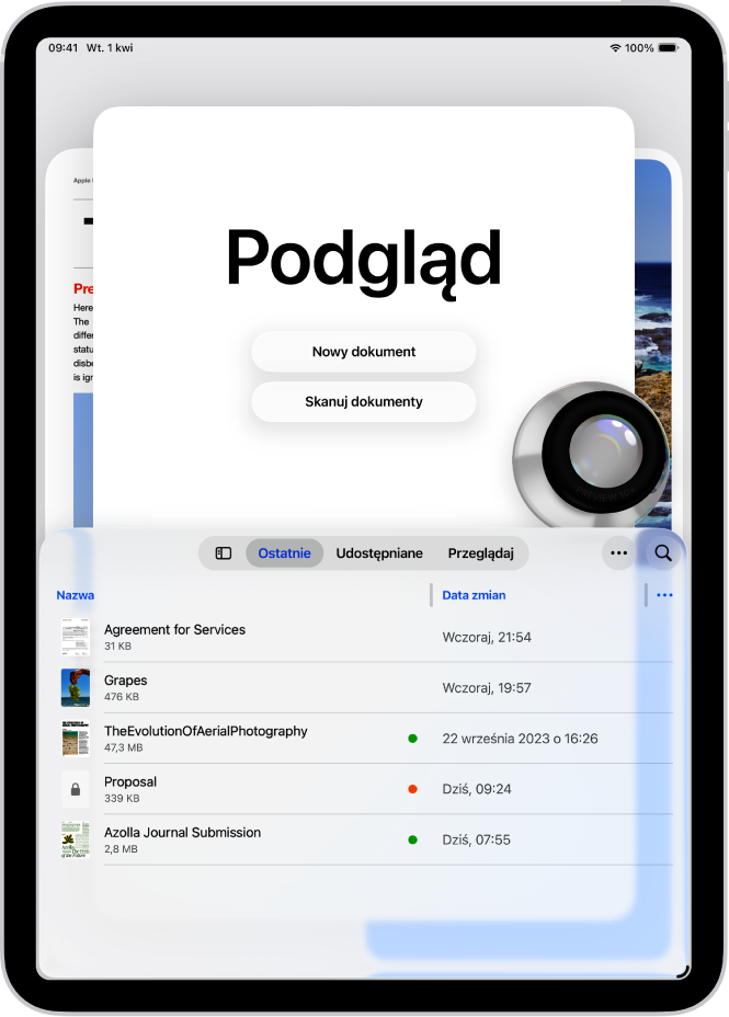 Ekran główny w aplikacji Podgląd, zawierający pliki PDF i obrazki. Na dole ekranu znajdują się karty: Ostatnie, Udostępniane oraz Przeglądaj.