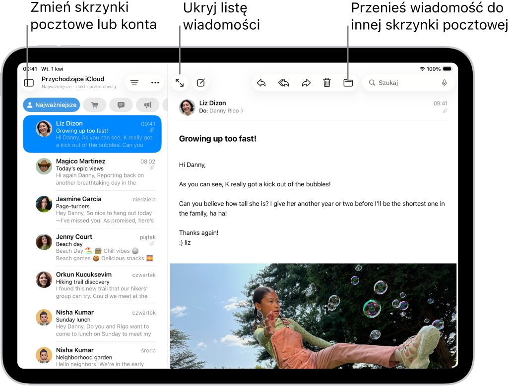 Skrzynka odbiorcza w aplikacji Poczta: lista wiadomości po lewej oraz otwarta wiadomość email po prawej.