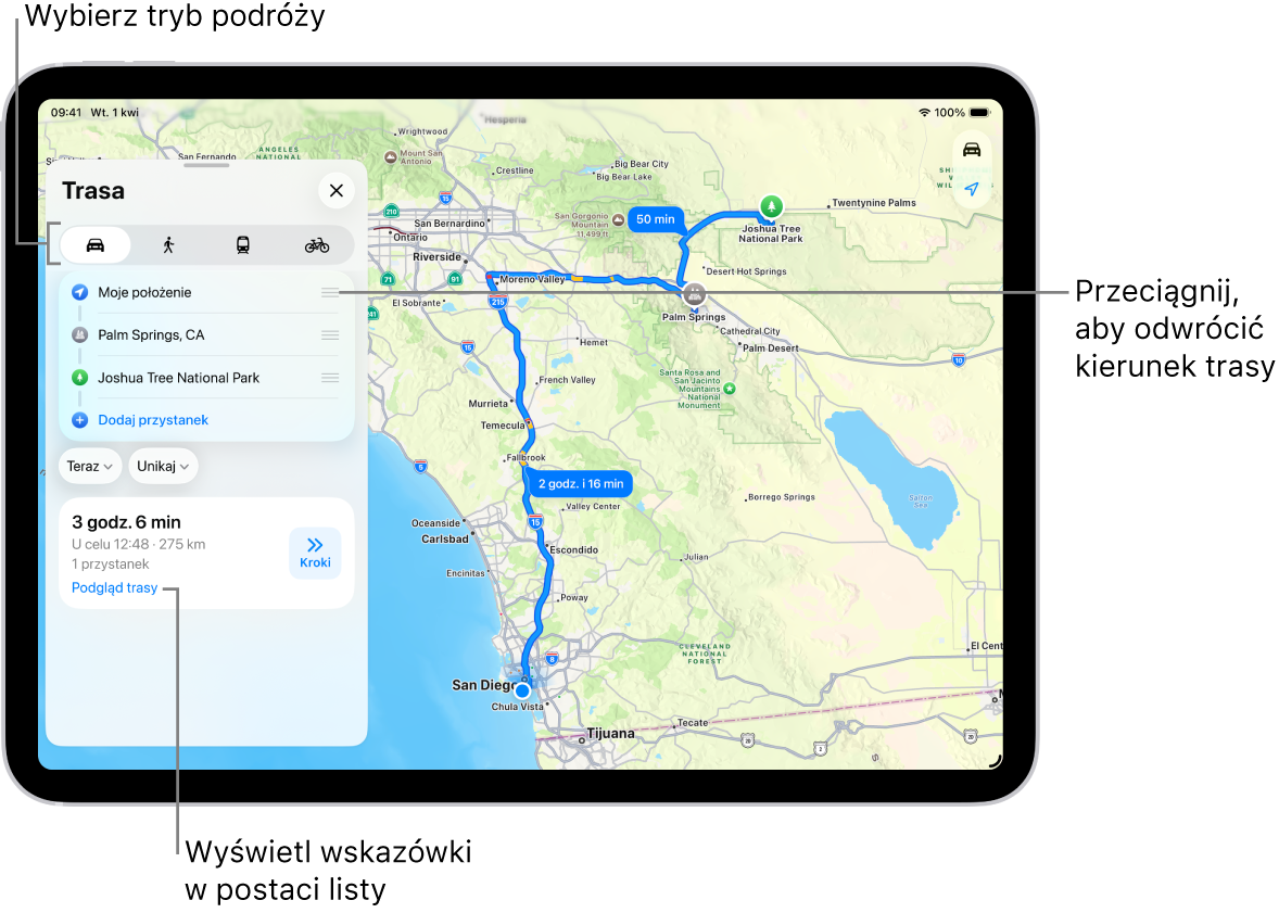 Mapa z kilkoma możliwymi trasami przejazdu samochodem między Twoim położeniem a miejscem docelowym.