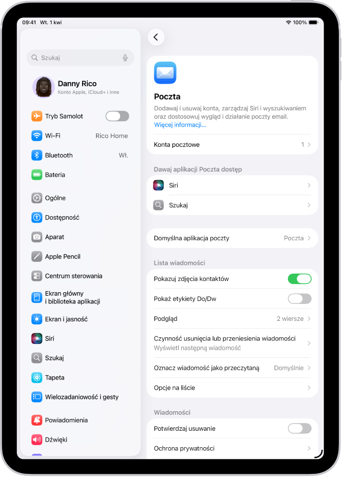 Ekran ustawień aplikacji Poczta.