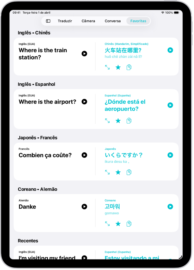 Aba Favoritas, mostrando frases salvas traduzidas em vários idiomas.