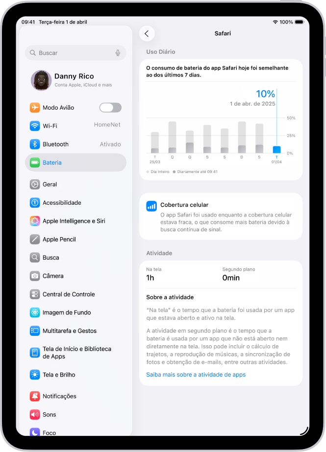 Tela Bateria nos Ajustes do iPad mostrando o uso detalhado da bateria para o app Safari. Ela inclui um gráfico de uso diário, uma nota sobre como a cobertura celular afetou a vida útil da bateria e uma análise do tempo de atividade do app na tela e em segundo plano.