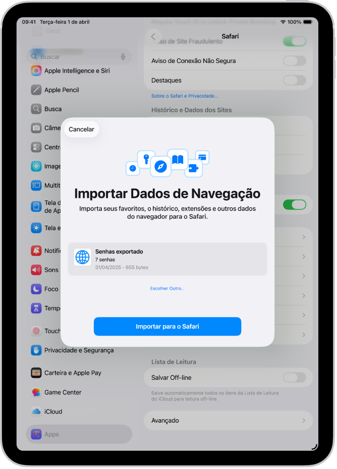 Tela Importar Dados de Navegação, mostrando o arquivo CSV com as senhas de outro gerenciador de senhas para importação.