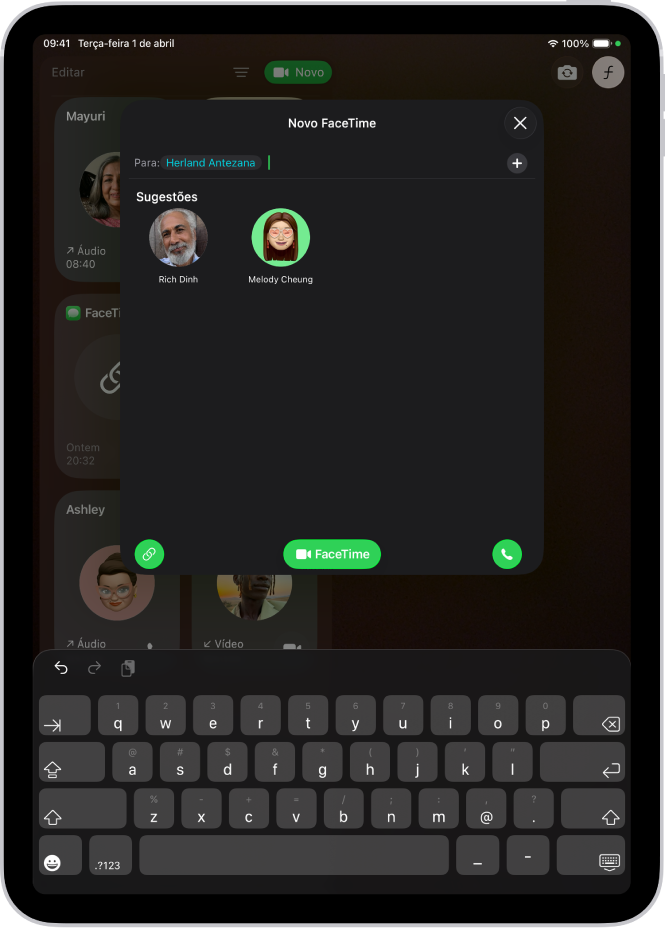 A janela Novo FaceTime no iPad. Um nome é inserido no campo Para e duas sugestões de contato aparecem abaixo disso.