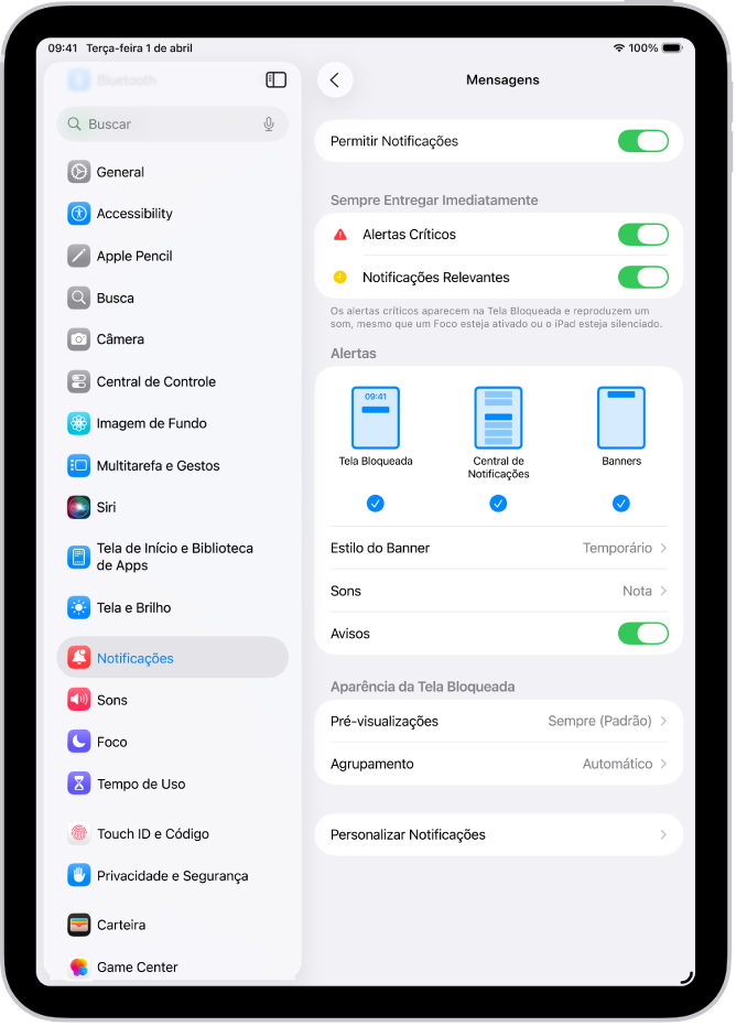 Ajustes de Notificações do app Mensagens nos Ajustes.