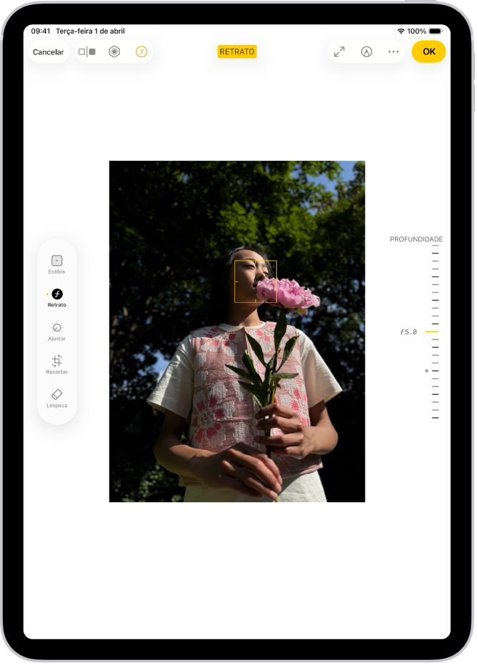 Tela Editar de uma foto no modo Retrato. Um retrato está no centro da tela. No lado direito da tela, um controle deslizante para alterar o Ajuste de Profundidade. No lado esquerdo da tela estão os botões Retrato, Ajustar, Filtros e Recortar. O botão Retrato está selecionado.