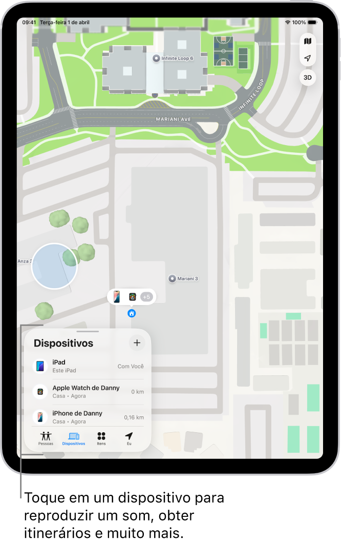 Tela do app Buscar aberto na lista Dispositivos. A lista de dispositivos inclui iPad de Dani, iPhone de Dani, Apple Watch de Dani e AirPods Pro de Dani. As respectivas localizações são mostradas em um mapa perto de Santa Cruz.