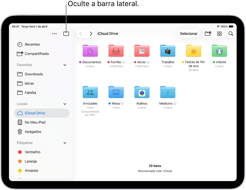 O app Arquivos mostrando os arquivos e pastas no iCloud Drive. Na parte superior da tela há botões para selecionar itens, criar uma nova pasta, alterar a visualização (Lista, Ícones, Colunas) e Buscar.