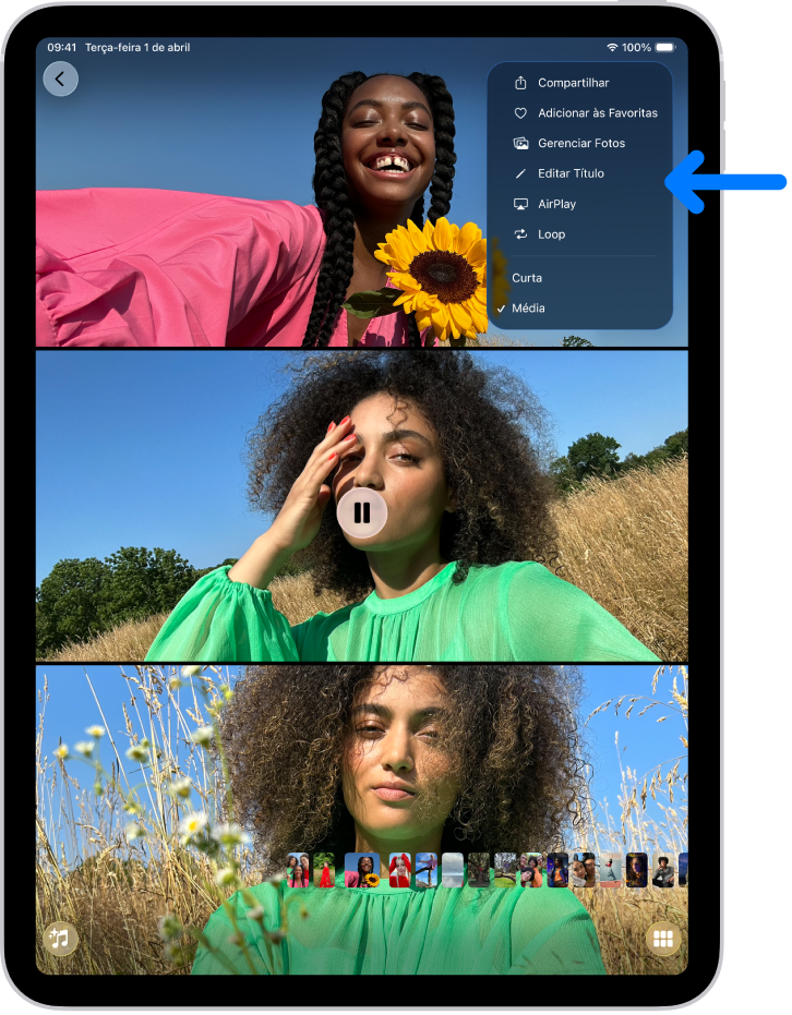 Uma apresentação de slides no app Fotos sendo reproduzida em um iPad. Na parte superior direita da tela há um menu pop-up com uma opção para escolher o AirPlay.