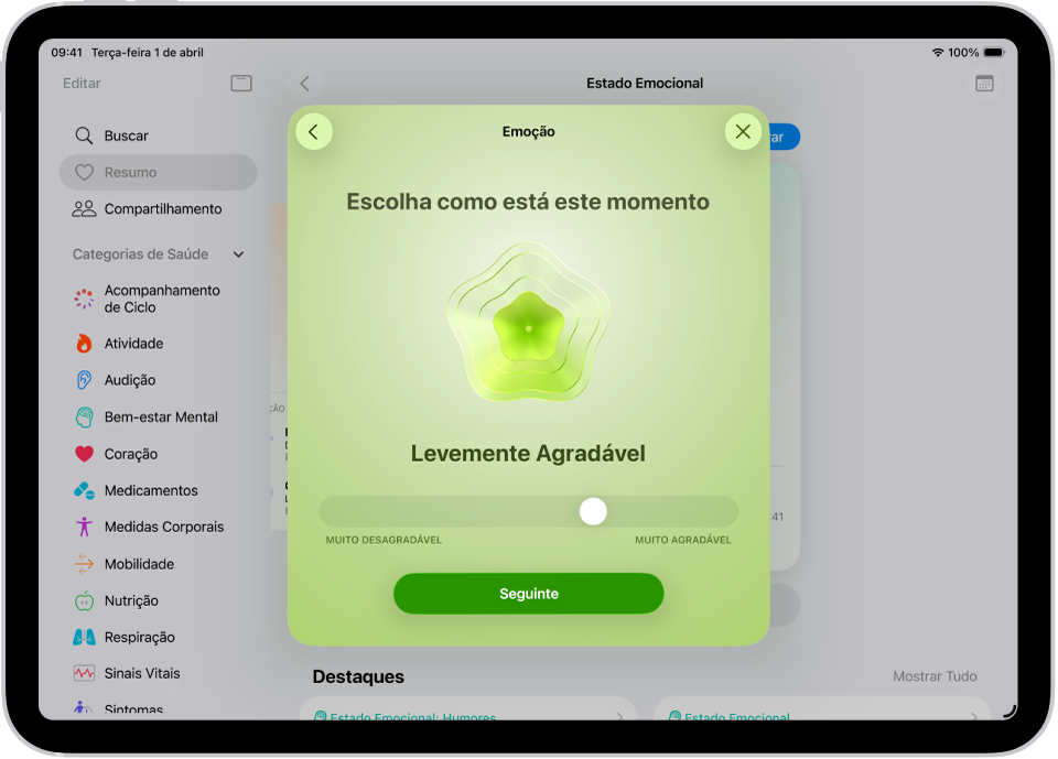 Tela no app Saúde que identifica o humor atual como Levemente Agradável. Na parte inferior da tela, um controle deslizante para ajustar o nível da emoção.