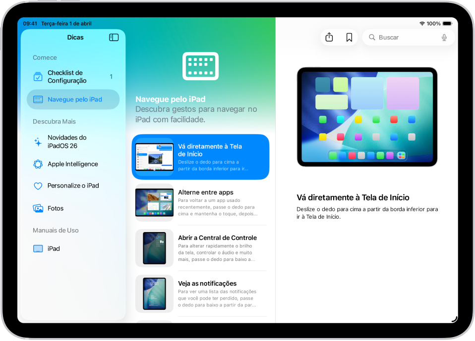 Tela Explorar mostrando uma coleção do app Dicas na barra lateral à esquerda e uma dica selecionada aberta à direita.