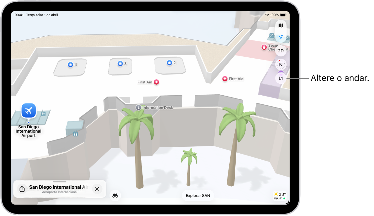 Mapa do interior de um terminal de aeroporto. O mapa mostra um portão, banheiro, ponto de segurança e primeiros socorros. É possível mudar de andar em mapas com vários andares com o botão 2A (2º Andar).
