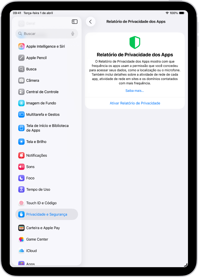 A tela Relatório de Privacidade dos Apps, onde você pode ativar um relatório para que mostre com qual frequência os apps usam as permissões que você concedeu, junto com a respectiva atividade de rede.