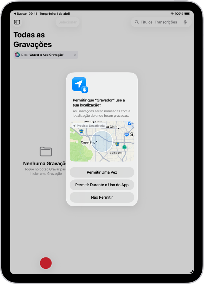 Um pedido de um app para usar dados de localização no iPad. As opções são “Permitir Uma Vez”, “Permitir Durante o Uso do App” e “Não Permitir”.