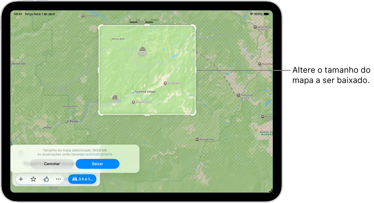 iPad com o mapa de um parque nacional. O parque está emoldurado por um retângulo com puxadores, que podem ser movidos para alterar o tamanho do mapa a ser baixado. O tamanho do download do mapa selecionado é indicado perto da parte inferior do mapa. Os botões Cancelar e Baixar estão na parte inferior da tela.