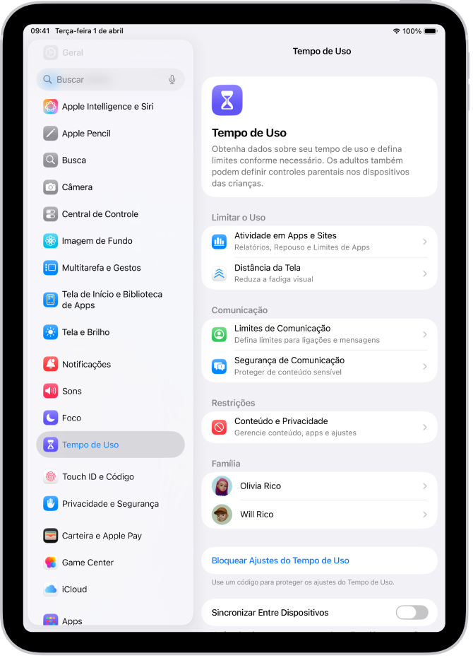 Tela de configuração do Tempo de Uso mostrando que é preciso tocar em Atividade em Apps e Sites para começar.