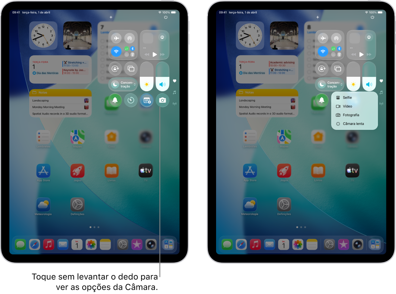 A central de controlo do iPad. Os controlos de modo de voo, dados móveis, Wi‑Fi e Bluetooth estão no grupo do canto superior esquerdo na central de controlo dos modelos iPad Wi‑Fi + Cellular. O controlo da Câmara está na parte inferior, à direita, da central de controlo. O ecrã à direita mostra o menu rápido de opções que aparece quando toca e mantém o dedo no controlo da Câmara.