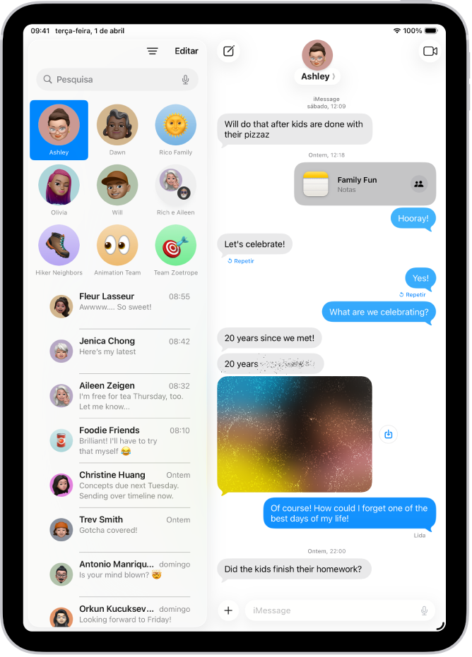 Uma conversa na aplicação Mensagens incluindo uma mensagem de texto e uma fotografia enviada com o efeito de tinta invisível.