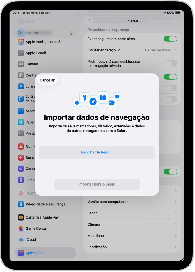 O ecrã “Importar dados de navegação” a mostrar os dados de outro navegador para importação para o Safari.
