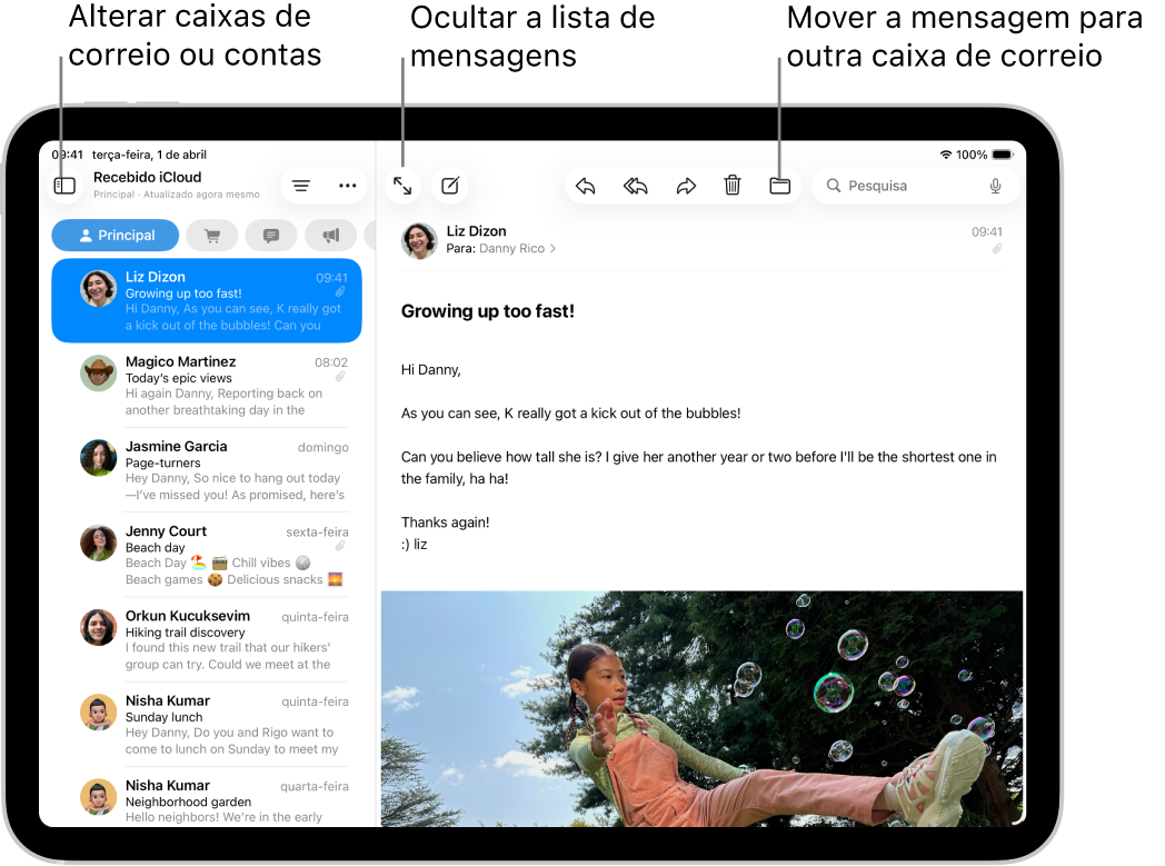 A caixa de correio recebido do Mail com uma lista de e‑mails à esquerda e um e-mail aberto à direita.