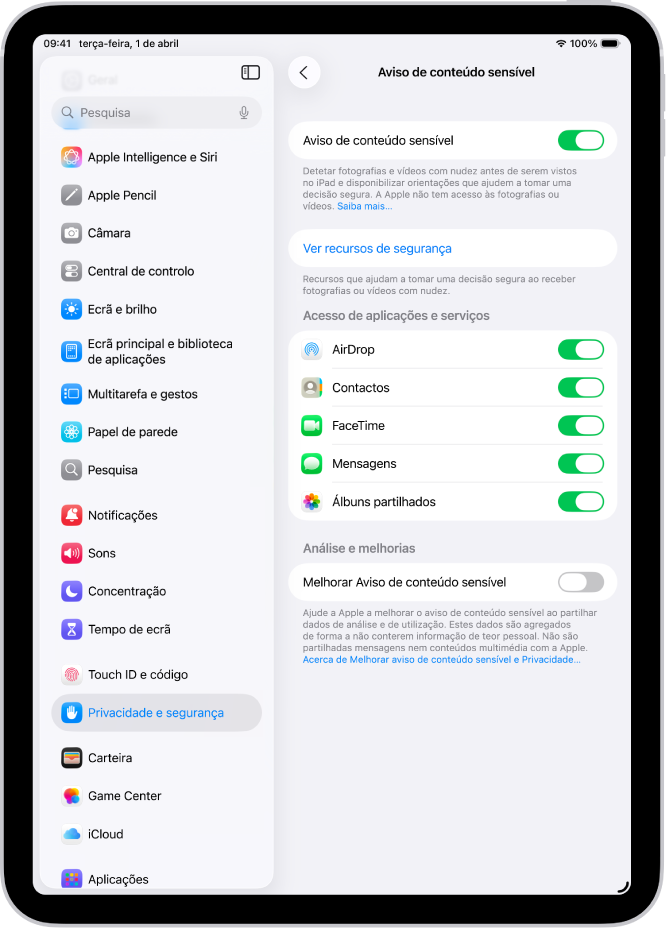 As definições do aviso de conteúdo sensível, com um botão com a etiqueta Ver recursos de segurança e um botão com a etiqueta Melhorar aviso de conteúdo sensível para partilhar dados de análise e utilização com a Apple.