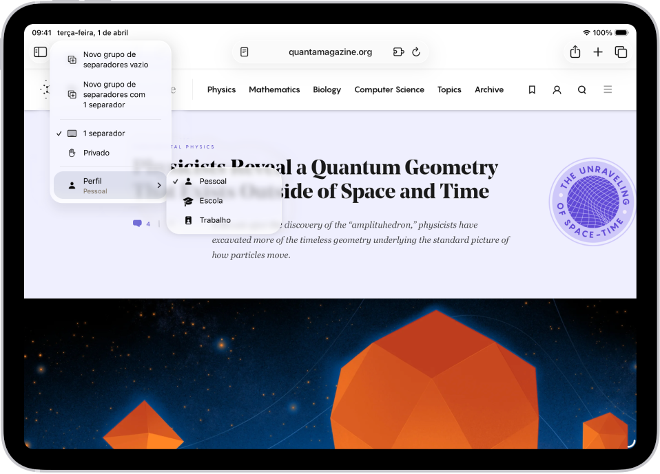 No Safari, está aberto o menu Grupo de separadores. Na parte inferior do meu, a opção “Perfil” está selecionada e um menu mostra as opções “Pessoal”, “Escola” e “Trabalho”.