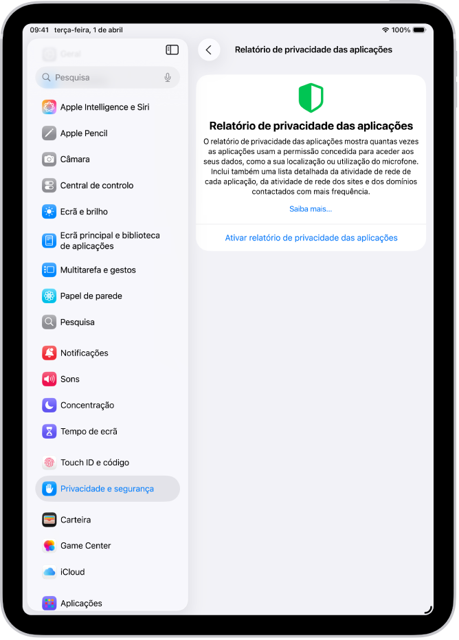 O ecrã “Relatório de privacidade” das aplicações mostra como ativar um relatório para mostrar com que frequência as aplicações usam as permissões que concedeu, assim como a respetiva atividade de rede.