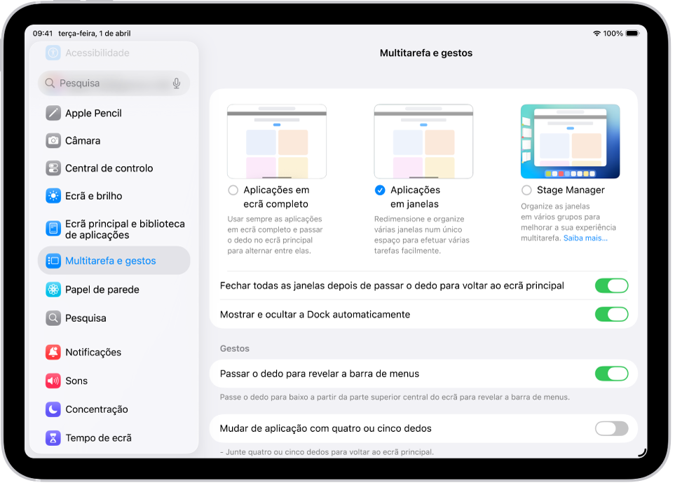 A janela de um iPad mostra as definições de Multitarefa e gestos.