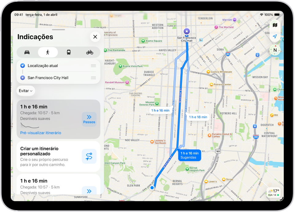 Um mapa com dois itinerários a pé, cada um deles com o botão “Passos”