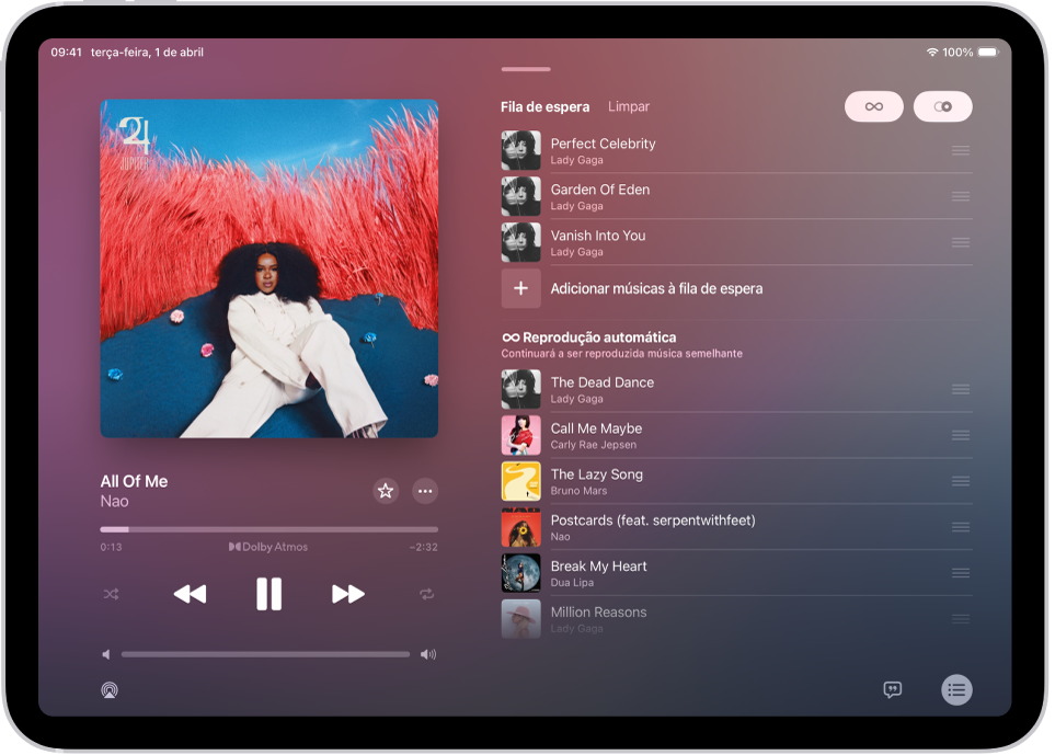 O ecrã “A reproduzir” a mostrar a fila de espera com as funcionalidades Reprodução automática e AutoMix ativadas. As músicas semelhantes aparecem por baixo das músicas no álbum.