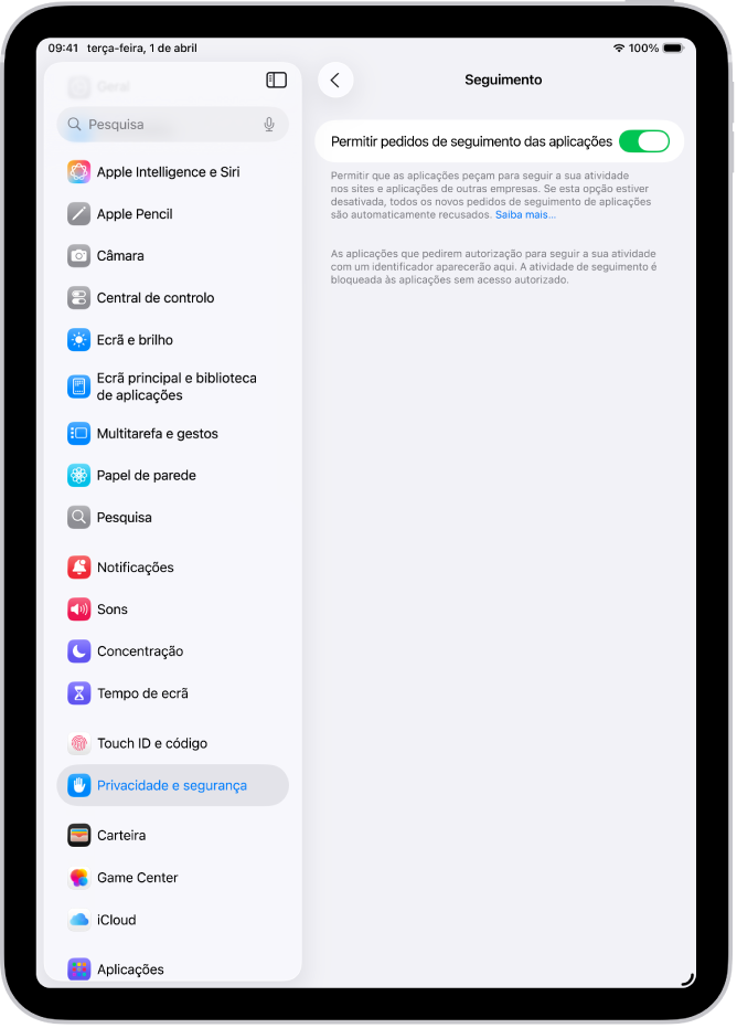 O ecrã “Seguimento” com uma definição para controlar se as aplicações podem pedir para realizar o seu seguimento em sites ou aplicações detidas por outras empresas.