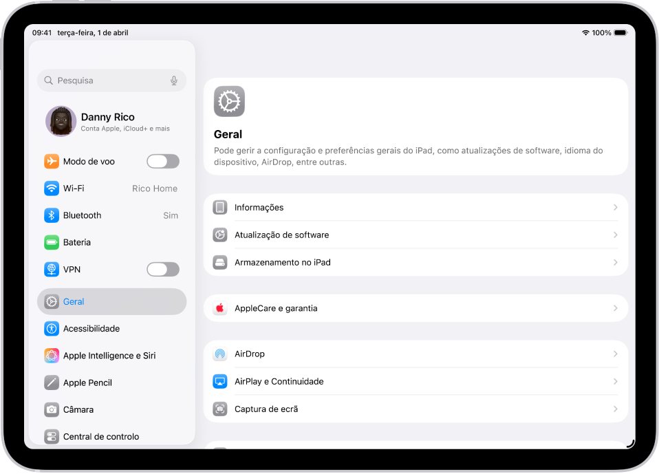 O ecrã principal do iPad com vários ícones de aplicação, incluindo o ícone da aplicação Definições, no qual pode tocar para alterar o volume de som, o brilho no ecrã e outras definições do iPad.