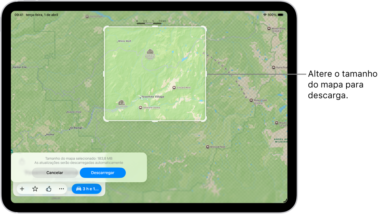 Um iPad com um mapa de um parque nacional. O parque tem um retângulo com puxadores ao seu redor, que podem ser movidos para alterar o tamanho do mapa a descarregar. O tamanho da descarga do mapa selecionado é indicado perto da parte inferior do mapa. Na parte inferior do ecrã estão os botões Cancelar e Descarregar.